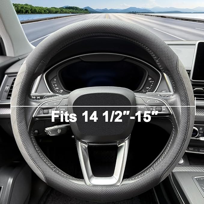 Nappa Leather Steering Wheel Cover,Elegant Diamond Checkered Design, Non-Slip wear-Resistant, Enhance Driving Comfort, Suitable for Steering Wheel Diameter 14 1/2‘-15’ Models.Black Gray