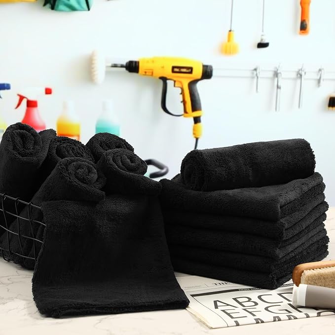 30 Pcs 16 x 16 Inch Edgeless Microfiber Plush Towels for Cars Detailing Drying Wash Polishing Absorbent Cleaning Cloths, 500 GSM (Black)