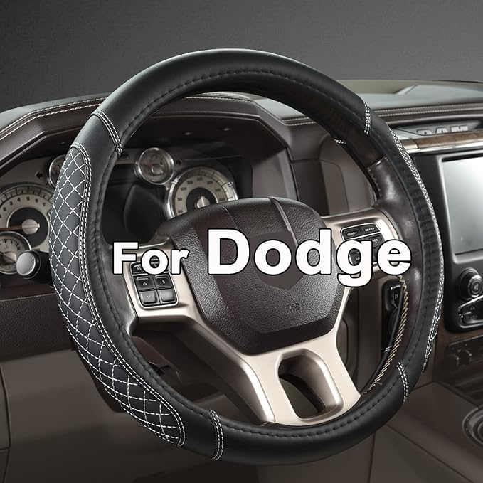 Customized Auto Car Steering Wheel Cover for Dodge 1989-2011 RAM 1500 2500 3500, Charger, Durango, Challenger(Diamond Quilted-Black+Gray-Standard Size)