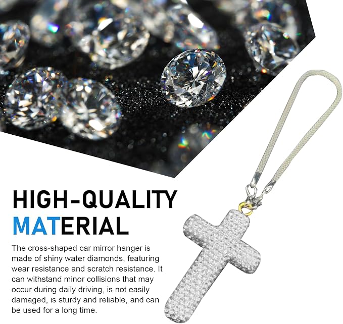 Cross for Car Mirror Hanging, Bling Crystal Rhinestone Cross Rear View Mirror Accessories, Shiny Cars Pendant Charm, Religious Rearview Mirrors Decoration, Auto Interior Accessories (Silver)