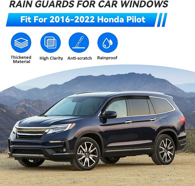 4pcs Front+Rear Smoke Tint Sun/Rain Guard Outside Mount Tape-On Vent Window Visors Compatible with 2016-2022 Honda Pilot