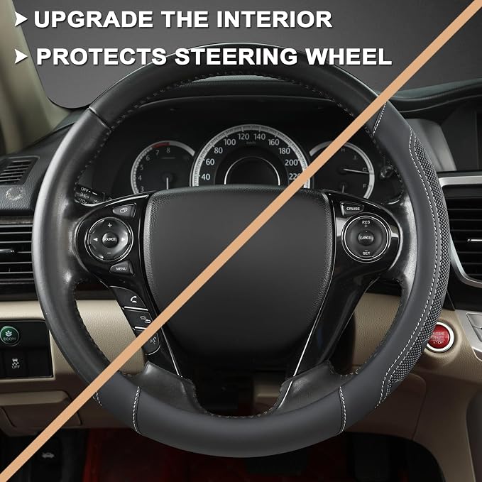 Microfiber Leather Steering Wheel Cover for Honda Accord,Civic,CR-V,HR-V,Pilot(Black+Gray Line-Standard Size)