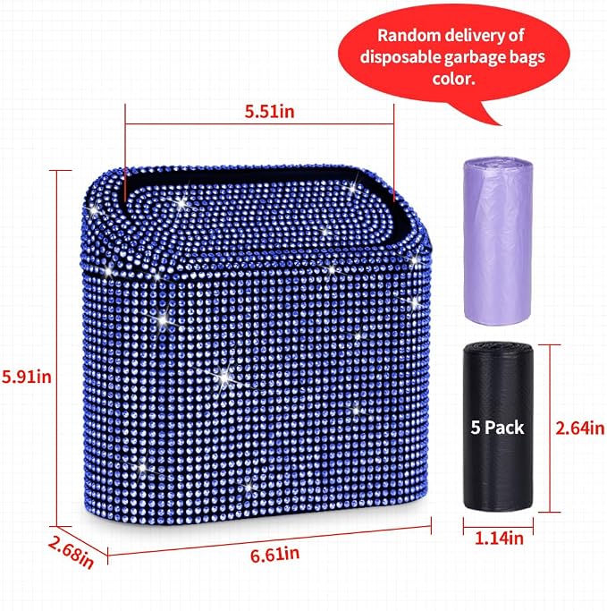 Car Trash Can with Lid, Mini Vehicle Trash Bin Car Dustbin Garbage Organizer,Bling Crystal Automotive Garbage Can Bin Trash Container for Auto Cars, Home, Office,Deep Blue