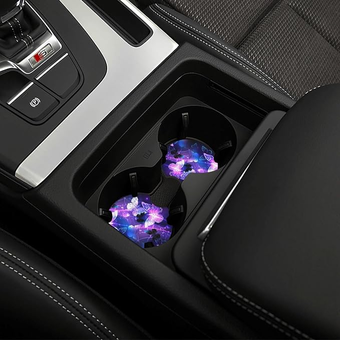 Butterfly Purple Steering Wheel Cover - Purple Butterfly Steering Wheel Cover Anti-Slip Breathable 15 Inch Universal 2 Pcs Car Interior Cup Holder Pad for Men Women