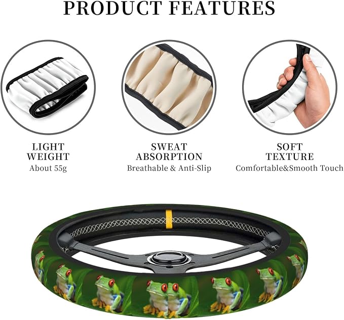 Elastic Cute Tree Frog Green Car Steering Wheel Cover Protector Upgrade Thicken,Durable Soft Car Accessories for Diverse Cars Truck SUV for Men Women Universal 15 Inch