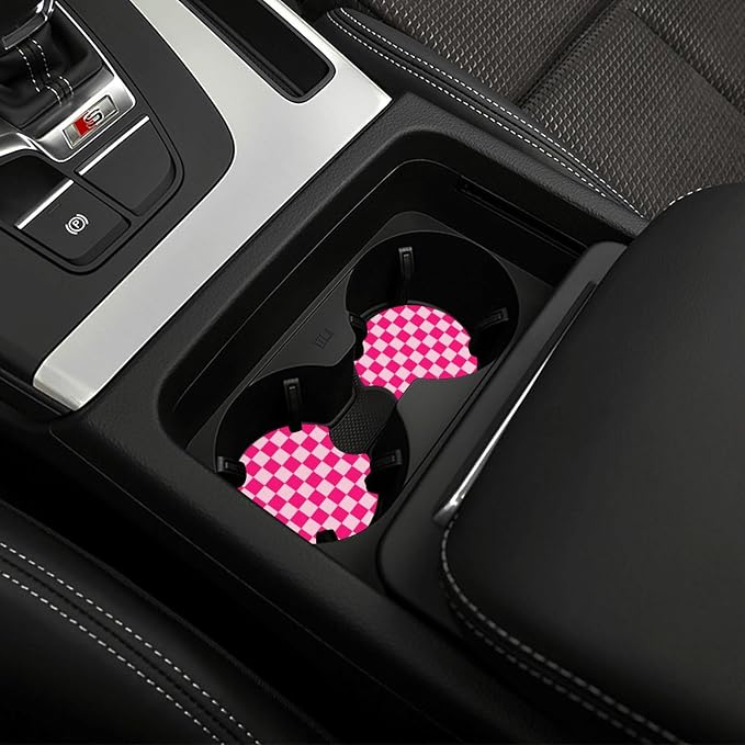Chessboard Pink 3Pcs car Set :Steering Wheel Cover 15" +2 Racing Coasters | Anti-Slip Breathable Neoprene, Universal 15" Fit, Racing Flag Style, Car Interior Decor, Cute for Men Women, Pink Chessboard