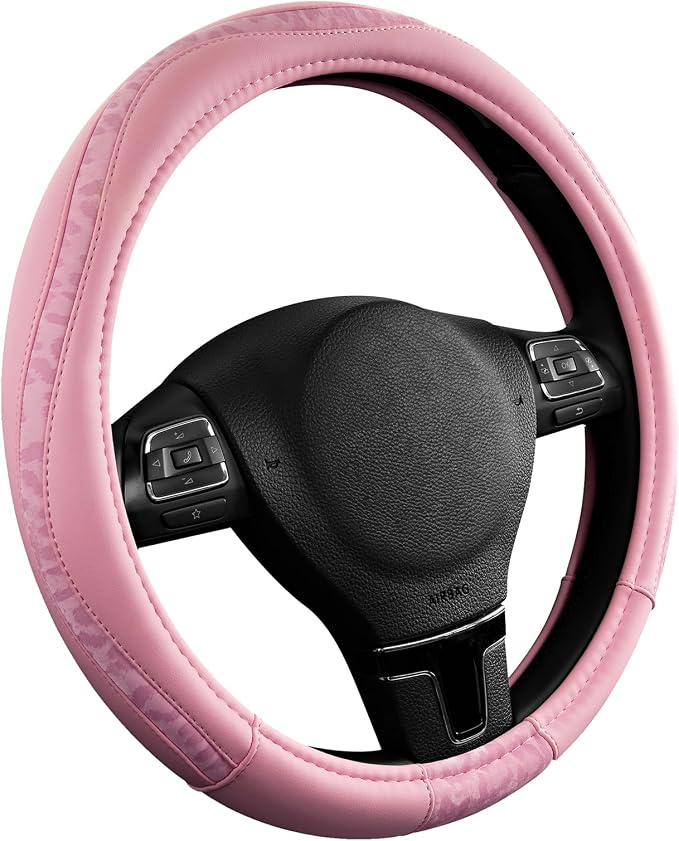 Steering Wheel Cover - Made with PVC Leather and Leopard Fabric - Universal 14 1/2 inches to 15 inches for Most Automotive Steering Wheel - Cheetah Print - All Pink