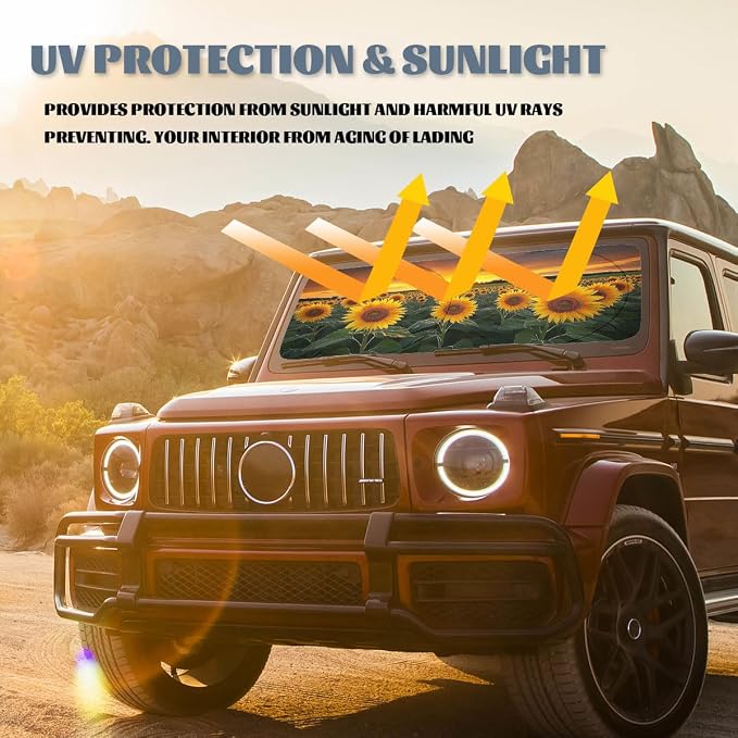 Sunflower Car Window Sun Shield Rustic Yellow Golden Flower Sunset Front Window Sun Shade Blocks UV Rays Sun Visor Protector for Car Sedan Truck SUV Accessories 59" L x 31.5" W