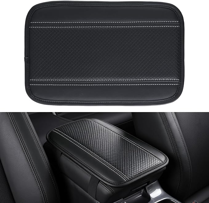 Car Center Console Cover, Upgraded Leather Car Armrest Cushion, Universal Waterproof Cushion Pad, Non-Slip Car Interior Accessories, Fits Most Sedans SUVs Trucks (Black-Slivery)