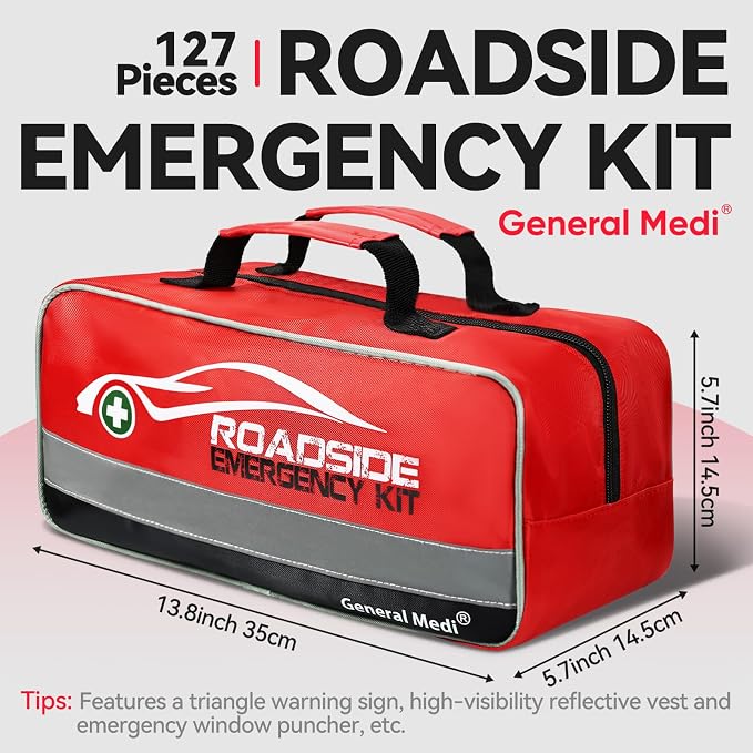 127-Pieces Roadside Car Emergency Kit Include Mini First Aid Kit, Jumper Cables,Tow Rope, Bandage, Safety Vest, Emergency Triangle, All in One Pack