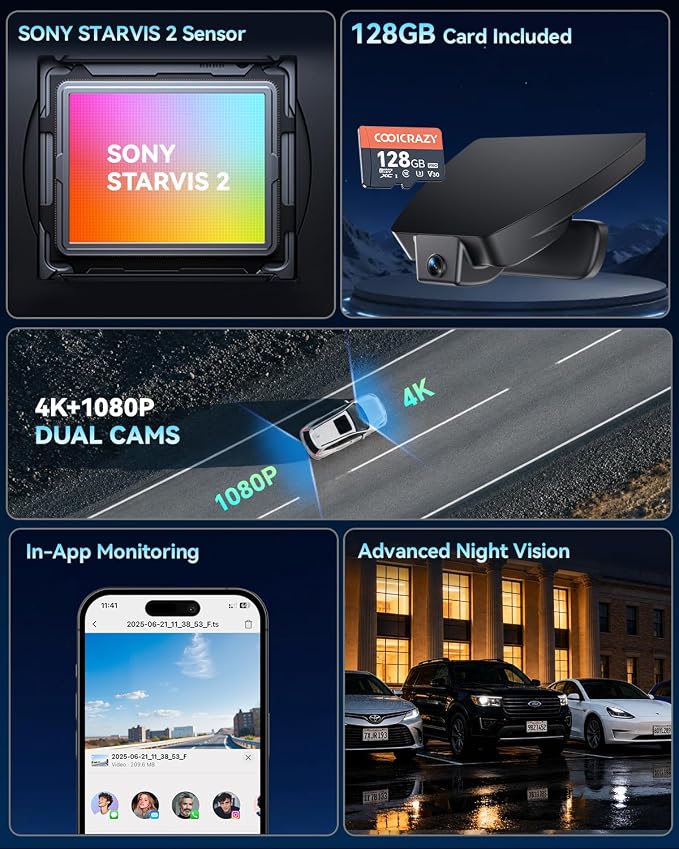 4K UHD STARVIS 2 Dash Cam for Toyota Corolla, Front Camera with Loop Recording, Gravity Sensor, WiFi & App, Plug & Play