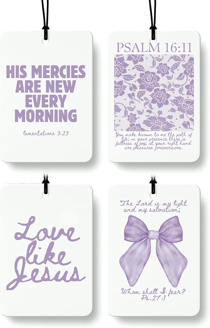 Purple Christian Car Air Freshener 4 Pcs, Girly Pink Bow Floral Religious Hanging Air Freshener for Cars Closet Drawer Books, Cute Preppy Christian Car Accessories Mirror Decor for Women