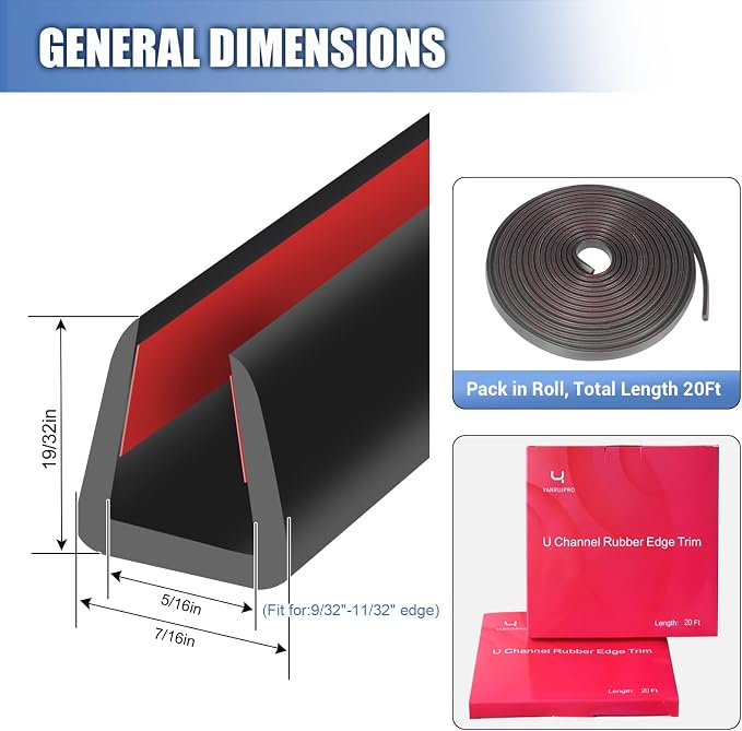 Rubber Edge Trim, Flexible Baby Proof Edge Protector, 5/16"(8.0mm) U Channel Edge Trim, Self-Adhesive Edge Guards for Plywood, Glass, Flexi-Glass, 20Ft, Black