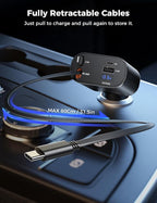 Retractable Car Charger 4 in 1 Fast Car Phone Charger Adapter with Type C & Apple Cords Compatible with iPhone 17/16/15/14/13/12/11, Galaxy, Pixel