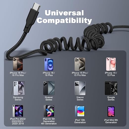 Coiled Car Carplay Charger Fast Charging，[2-Pack, 3Ft] Retractable Braid USB A to USB C Cable for iPhone 17/16/15/Plus/Pro Max/MacBook Pro, Type-C Cord,Black