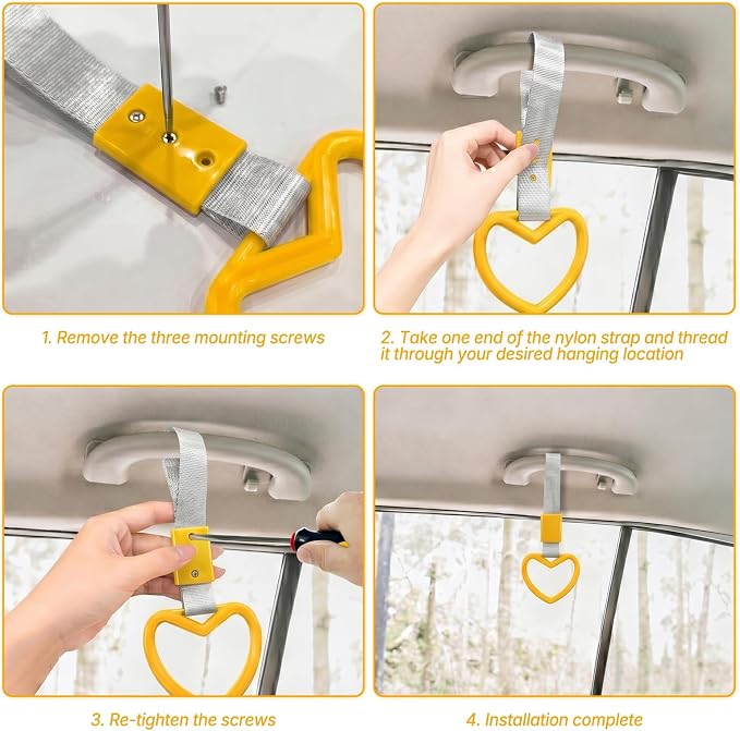 2 Pcs Heart Shaped Car Handle Strap – JD M Drift Charm Rear Bumper Warning Ring Decor for Car Interior Exterior, Subway Bus Handle Accessory, Cute Heart Car Decor Gift for Drivers (Yellow-Silver)