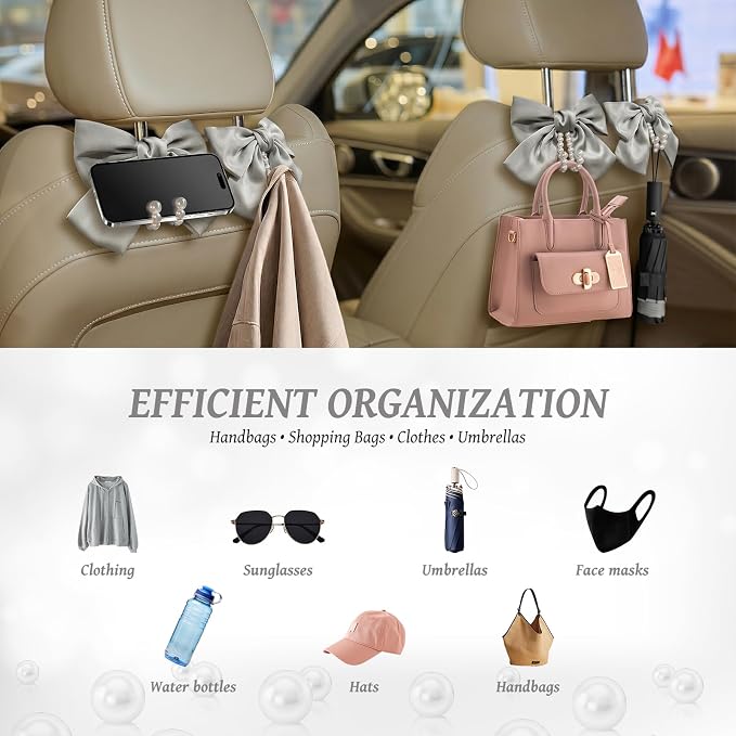 2 PCS Bow Pearl Car Seat Headrest Hook – Cute Purse Hook for Car, Girly Interior Decoration Accessories Hook Hanger, Seatback Holder for Purses & Bags, Elegant Car Organizer (Moonlight Grey)