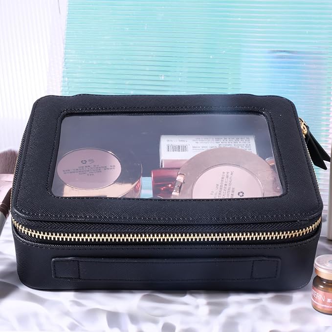 Toiletry bag waterproof cosmetic organizer with handle lagre opening for travelling car organizers(Black)