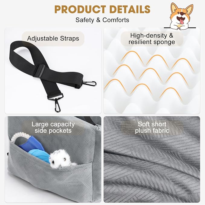 Dog Car Seats for Small Medium Dogs Under 35lbs, Dog Booster Seat with Detachable Washable Cover and Cushion, Memory Foam Pet Car Seat with Safety Belt and Storage Pockets (LG)