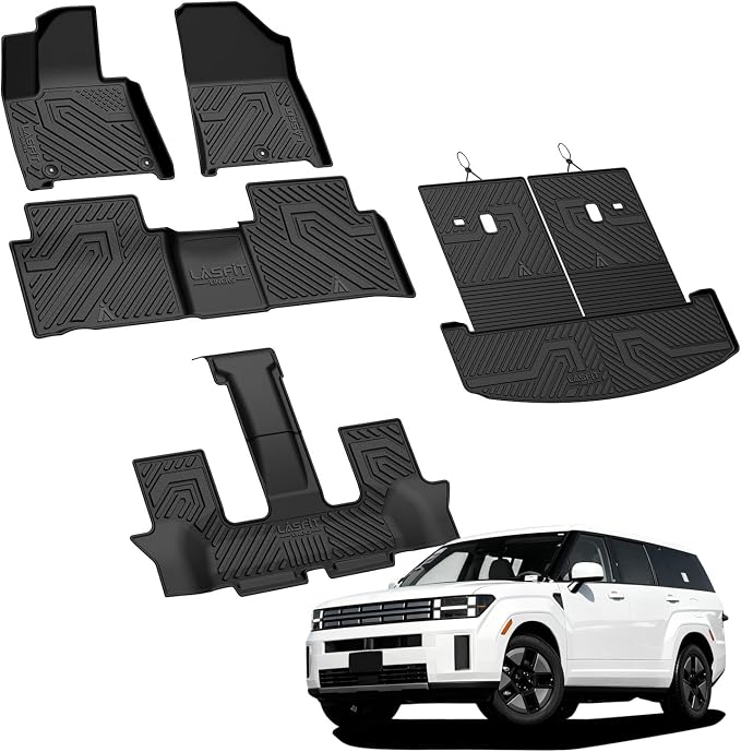 Floor Mats & Backrest Mats & Cargo Mat for Hyundai Santa Fe Hybrid 2026 2025 2024 (Not Fit Gas), All Weather TPE Custom Fit Floor Liners with Full Set Car Mats & Trunk Mats Accessories, Black