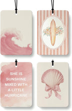 Pink Preppy Beach Car Air Freshener 4 Pcs Coconut Scented, Pink Bow Seashell Coastal Car Accessories Mirror Decor for Women, Girly Beachy Hanging Air Freshener for Cars Closet Drawer Books