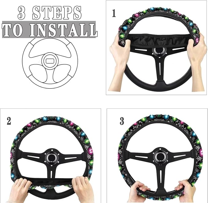 Christmas Steering Wheel Covers Xmas Lights Print Car Steering Wheel Cover Universal Fit Almost Car Non-Slip Steering Wheel Covers Soft Sweat Absorbing Steering Wheel Protector Cover