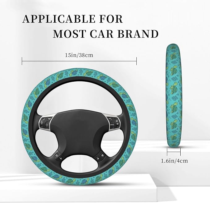 Cute Sea Turtle Steering Wheel Cover, 15 Inch Universal Neoprene Anti-Slip Steering Wheel Protector, Breathable & Durable Car Decor Accessory for Women Men, Teal/Blue
