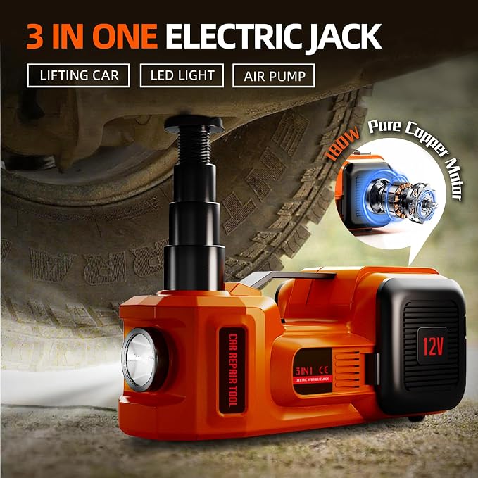 Car Jack Electric Hydraulic Jack 5Ton 155-450mm LCD Display 3in1 Lift Inflator LED Light 12V Portable Outdoor Home Emergency Tire Change Roadside Rescue Tool for Sedan SUV Truck