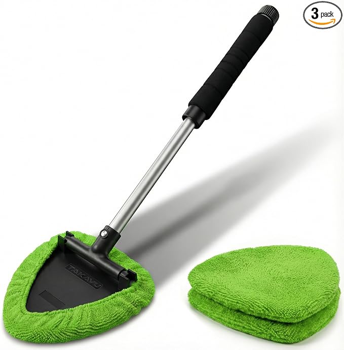 Window & Windshield Cleaner, Extendable, 3 Microfiber Pads (Green) | Pivoting Triangle Head Wiper Cleans Interior & Exterior Glass, 3 Washable Reusable Bonnets, Lint-Free