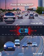 4K Dash Cam Front and Rear, 3.16” IPS Touch Screen, 64GB Card Included, Dual Dash Camera for Cars, Built-in GPS Wi-Fi, UHD 2160P Night Vision, WDR, 24H Parking Monitor (J6)