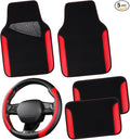 Faux Leather Steering Wheel Cover and Waterproof Car Floor Mats,Universal Car Combo Fit for 95% Sedan,SUV,Cars,14.5-15inch Sporty Anti-Slip Safety Comfortable Design(Black＆Red)