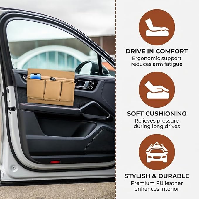 Car Window Armrest Storage Box, Soft Leather Vehicle Side Door Organizer Bag Elbow Rest Cushion with Multiple Pocket, Multifunctional Auto Window Armrest Storage Bag, Universal Fit (Beige)