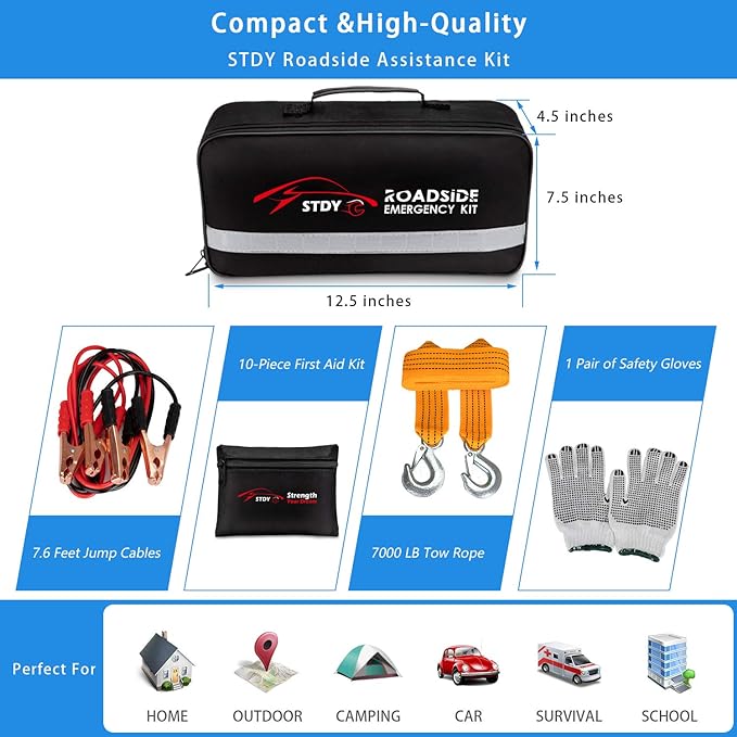 Car Roadside Emergency Kit, Vehicle Truck Safety Road Side Assistance Kits Auto Accessory, with Jumper Cables, Tow Rope, Reflective Triangle, Tire Pressure Gauge, etc