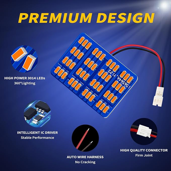 Car Interior LED Lights Accessories with 194 168 T10 / BA9S / DE3175 6418 211-2 578 Festoon Adapters, 48-SMD Panel Lamps for Dome Map Door Trunk Courtesy License Plate Lights (Amber Yellow)