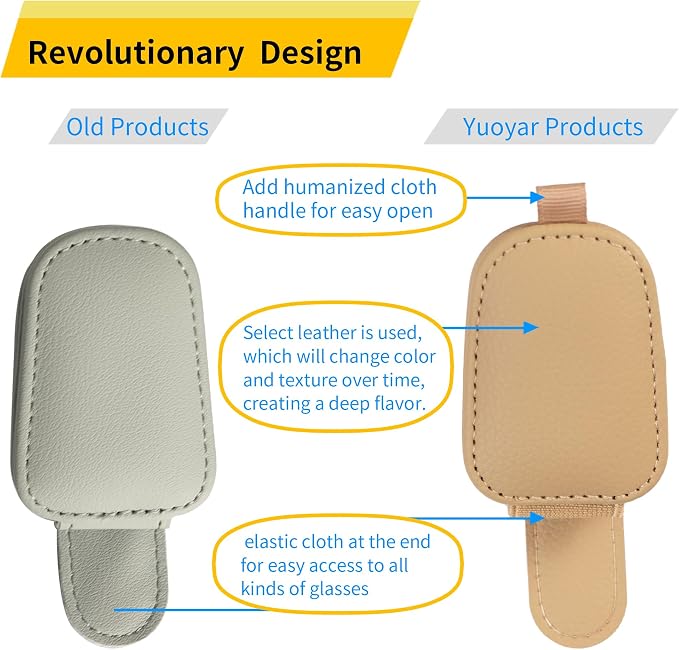 Magnetic Leather Sunglasses Holder for Car, 2 Packs (Beige) | Magnetic Car Visor Accessories