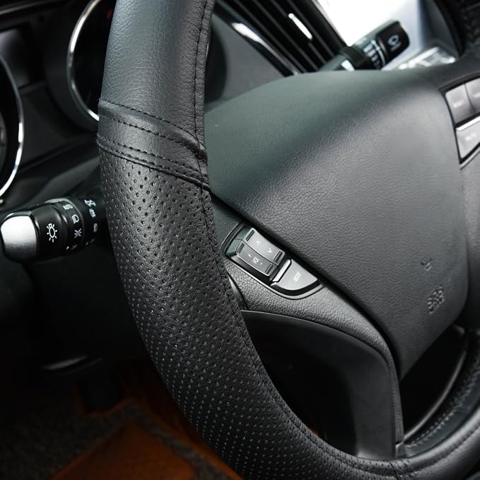 Classical Leather Automotive Universal Steering Wheel Covers,Universal Fit for Suvs,Trucks,Sedans,Cars,Vans,14.5-15inch Anti-Slip Safety Comfortable Desgin(Black)
