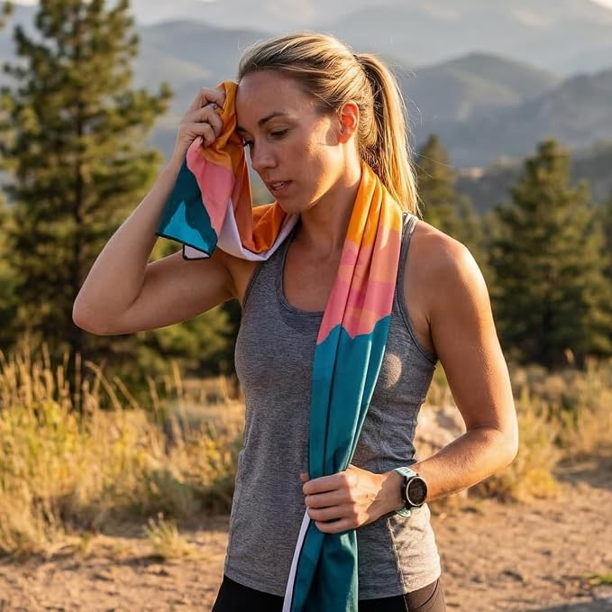 Car Seat Towel Cover – Microfiber Hooded Seat Cover – 30” x 60” Moisture-Wicking Running Seat Protector for Runners – Sunset Summit