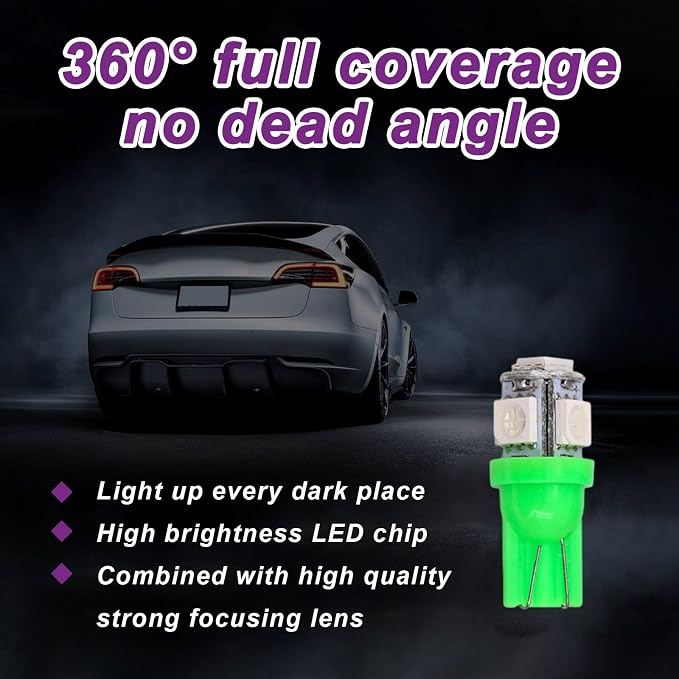 10 PCS Car Interior LED Light Bulb, T10 5050 5SMD LED Car Bulb Kit, Super Bright Automotive Led Replacement Bulbs for Dashboard Dome Map Door Courtesy License Plate Lights (Green)