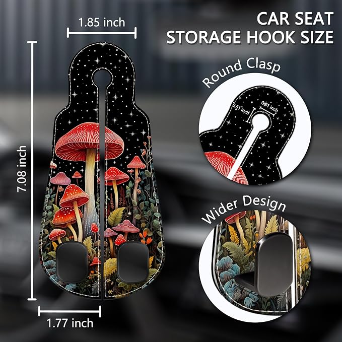 2PCS Car Seat Back Storage Headrest Hooks, Mushroom Purse Holder Bags Hanger, PU Leather Double Metal Hook for Backseat Organizer, Women Car Accessories Organization