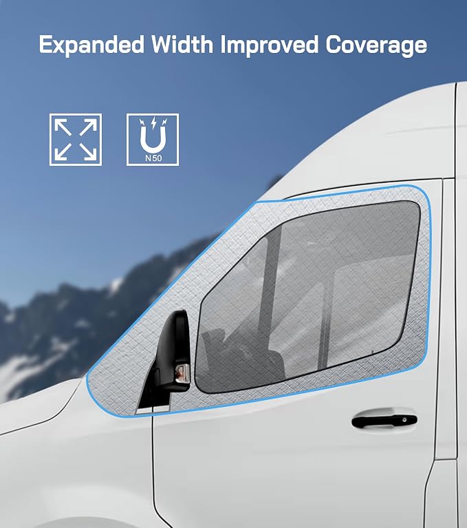 Windshield Cover for Mercedes Sprinter 2007-current, Thick Oxford Front Window Sunshade, Exterior Windshield Cover for Ice & Snow, Gray with Mirror Cutouts