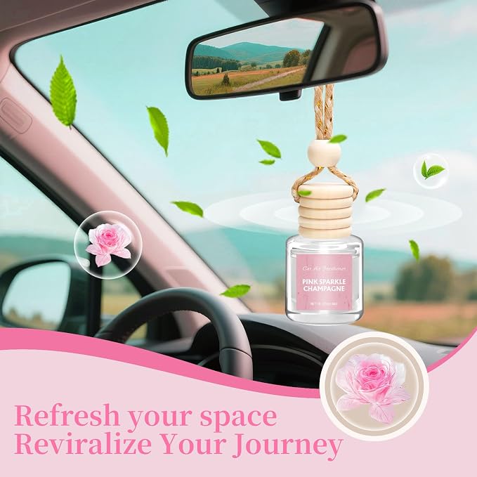 Car Air Freshener - Pink Sparkle Champagne Fragrance, 6 Pack Long Lasting Essential Oil Fragrance Diffuser, Hanging Cute Automotive Perfumes Interior Decor, Pink Car Accessories for Women & Men