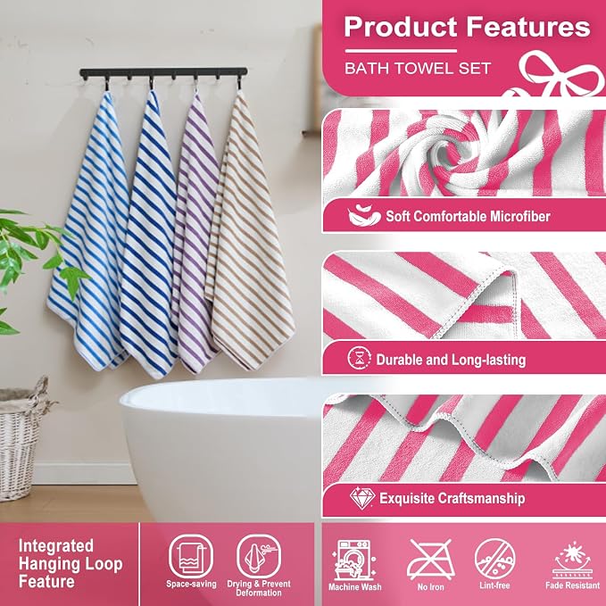 Microfiber Bath Towel Set, Cabana Stripe Pink, 30" x 60", 6 Pack | Hanging Loop, Soft, Absorbent & Quick Dry, Lint Free, Fade Resistant, for Summer Swimming Pool Party, Beach Travel