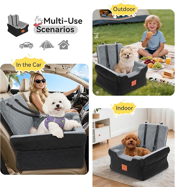 Dog Car Seats for Small/Medium Dogs, Elevated Memory Foam Dog Booster Seat, Detachable Washable Pet Car Seat with Safety Belts & Storage Pockets (Black-Gray)