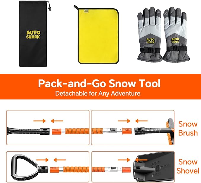 7 in 1 Snow Shovel & Snow Brush Kit, 47.2" Ice Scrapers & Snow Shovel Kit, Car and 360° Pivoting Car Scraper Snow, 7 in 1 Extendable Snow Brush with Foam Grip Glove.