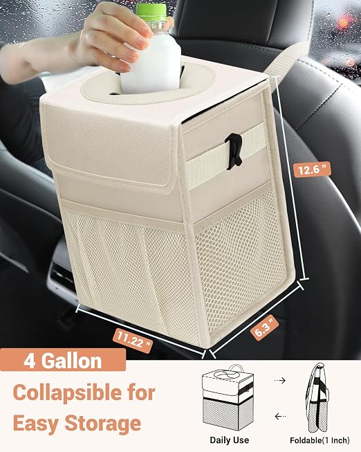 Car Trash Can with Lid, Leakproof Car Trash Bag Hanging Waterproof Automotive Garbage Can with Storage Pockets Mini Vehicle Trash Bin for Back/Front Seat(Beige,4 Gallon)