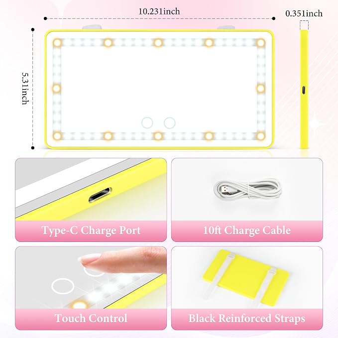 Car Sun Visor Vanity Mirror - Rechargeable Makeup Mirror with 60 LEDs, 3 Light Modes & Dimmable Touch Control for Cars, Trucks, SUVs, Car Interior Accessories for Women (Yellow)