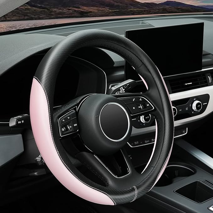 YHONGJT Soft Cute Light Pink Microfiber Leather Anti-Slip Steering Wheel Cover, Universal 15 Inch for Women Girls, Fit Vehicles, Sedans, SUVs, Vans, Trucks