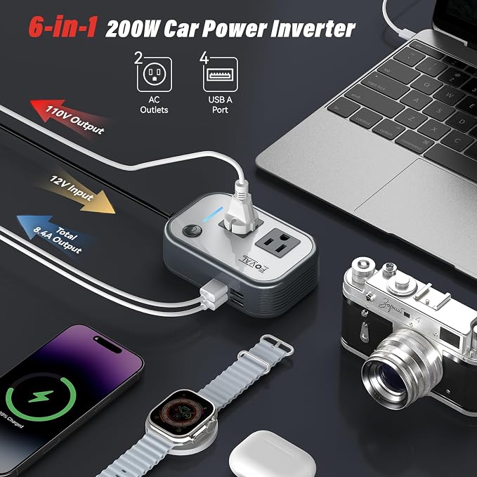200W Car Power Inverter, 12V DC to 110V AC Car Inverte with 4 USB Ports Car Outlet Adapter, Power Inverter for Vehicles, Car Plug Adapter Outlet for Laptop Computer Charger (Gray)