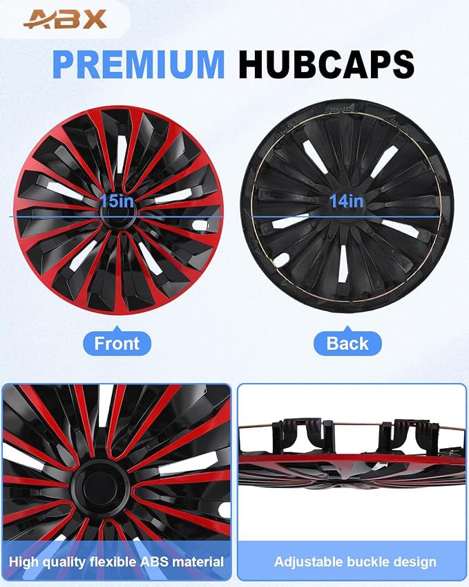 Hubcap Wheel Covers Hub Caps 15 Inch Set of 4 Black & Red Universal Wheel Rim Cover R15 Stylish Car Decor Wheel Covers for Toyota Camry Nissan Mazda (TT Black & Red, 15 inch)