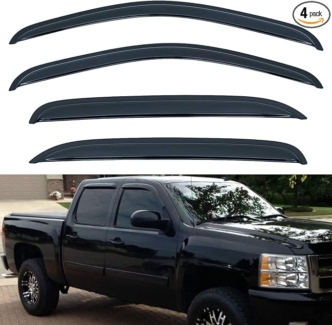 Set of 4 Front+Rear Smoke Sun/Rain Guard Outside Mount Tape-On Acrylic Window Visors Compatible with 07-14 Avalanche Suburban Yukon XL Silverado Sierra 1500 2500 3500 HD Crew Cab